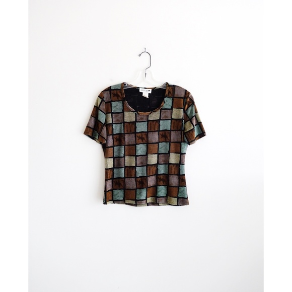 Vintage Tops - Vintage Brown Green Grid Short Sleeve Shirt sz M